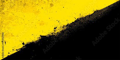 Yellow grunge texture with abstract gold paint splatters and black ink drops creates a dirty liquid macro pattern featuring orange bubbles like wet champagne art