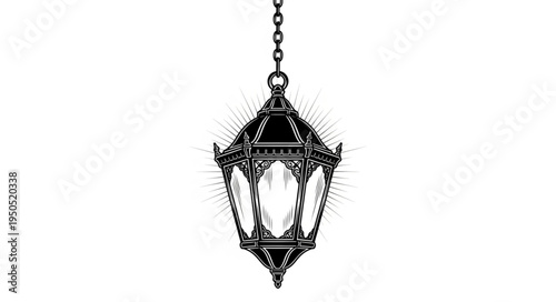 Detailed Black and White Illustration of a Hanging Ornate Lantern.