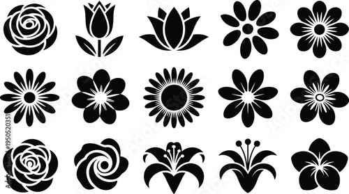 Black silhouette floral set various flowers rose tulip lotus daisy sunflower lily hibiscus decorative botanical elements vector collection on white background.