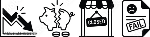 Economic downturn & business failure outline icons - recession, crisis, and financial loss concepts