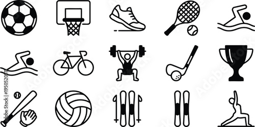 Comprehensive sports & fitness activity line icons - athletics, training, and achievement set