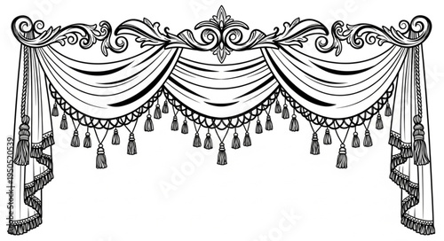 Elegant Black and White Curtain Valance with Tassels.