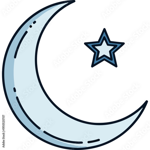 A crescent moon shines brightly with a star in the night sky.