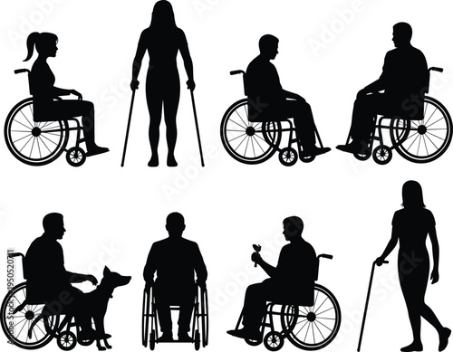 Black silhouette set of people with disabilities wheelchair users guide dog crutches cane walking standing sitting diverse accessibility poses collection.