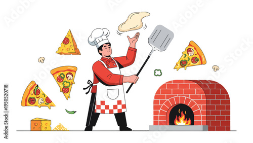 Master Chef Pizza Creation: A skilled chef expertly tosses pizza dough in the air, surrounded by a medley of delicious pizza ingredients. The scene radiates a culinary enthusiasm and creativity.