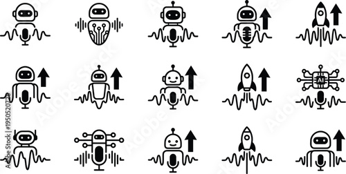 Artificial intelligence robotics voice icons - sound waves, data flow & technology progress