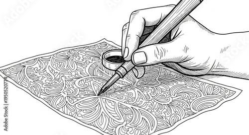 Hand Drawing Intricate Pattern on Paper with Pen.