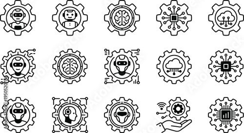Artificial intelligence robotics gear icons - automation, brainpower & smart systems
