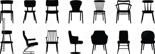 Black silhouette collection of various chair designs dining armchairs rocking office barstool modern vintage wooden furniture set on white background.