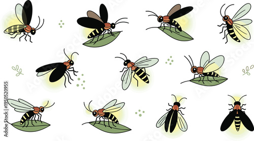 Cute firefly vector character sheet collection featuring various glowing lightning bug poses on leaves and flying isolated on white background for nature and summer evening design.