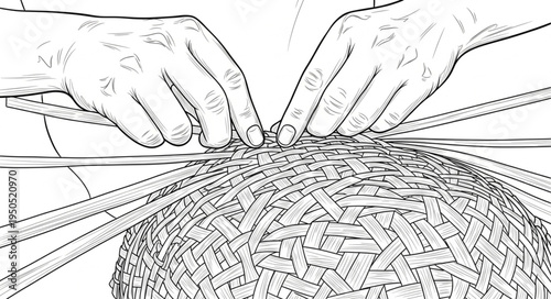 Hands Weaving a Basket - A Detailed Line Art Illustration.