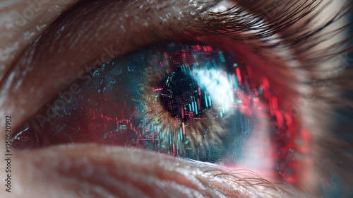 Close-up of human eye reflecting digital data and stock market graph