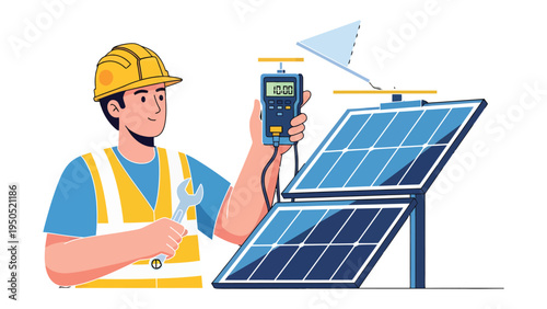 Solar Panel Technician at Work: An expert technician diligently inspects and maintains solar panels, highlighting the importance of renewable energy.