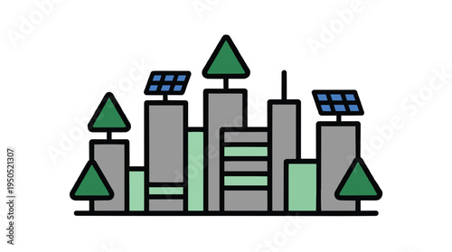 Minimalist illustration of sustainable green city with solar panels