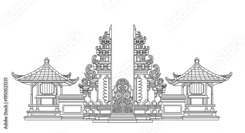 Elaborate Balinese Gate and Pavilions Line Art Illustration.