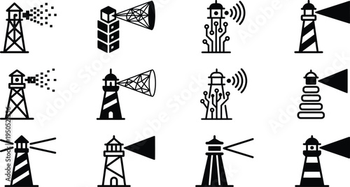 Modern lighthouse outline icons for navigation, communication, guidance, and digital signals
