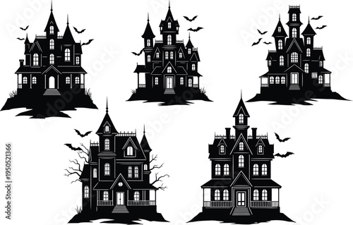 Set of five spooky haunted house silhouettes with bats and creepy trees, gothic victorian mansion icons for Halloween holiday design