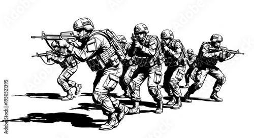 Line of Soldiers Advancing with Rifles in a Military Operation.