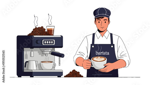 Barista Brewing Perfection: An illustrator, with apron and a cap, expertly crafts a cup of cappuccino beside a commercial espresso machine, ready to start the day.