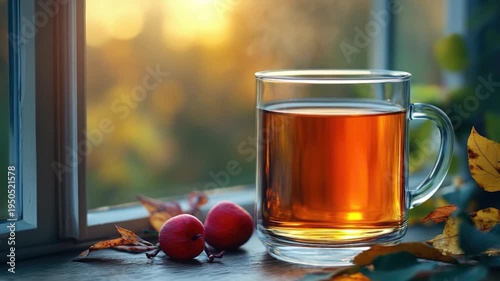 A person sips tea beside a window with a scenic view