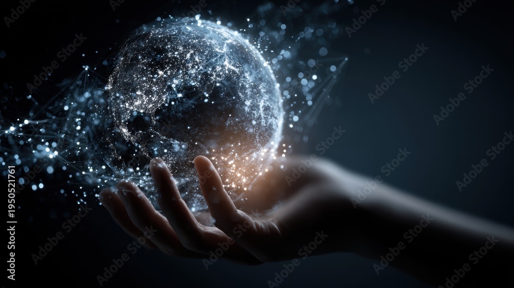 Fototapeta premium Hand holding glowing digital Earth with connecting nodes