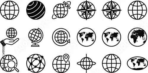World and globe icons: geography, navigation, and connection
