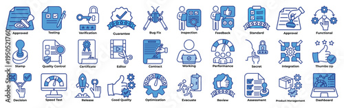 Quality assurance icon set including compliance, monitoring, validation, efficiency, workflow, process, system, metrics, checklist and reliability