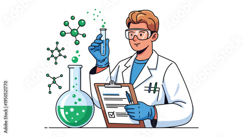 Scientific Discovery: A dedicated scientist meticulously conducts an experiment, carefully examining chemical reactions and molecules in a laboratory setting, symbolizing scientific progress.