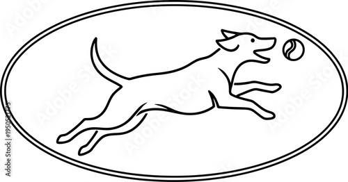 Clean black and white graphic design showing a cheerful canine companion actively pouncing towards a bouncing ball, artfully contained within an elegant oval border.