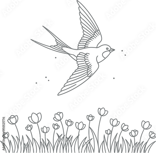 Minimalist black and white line art illustration depicts a graceful swallow bird soaring above a delicate field of blooming spring wildflowers.