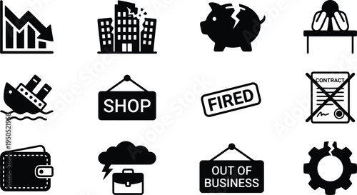 Business failure icons: recession, bankruptcy, store closure, financial loss, job cut