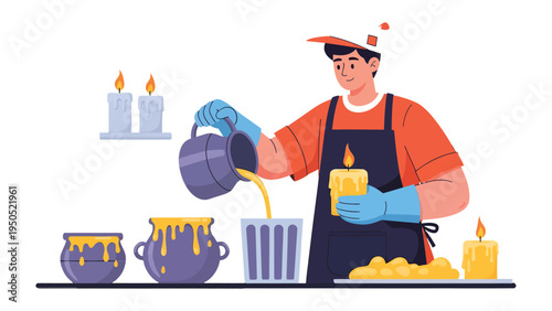 Candle Maker at Work: The craftsman meticulously crafts candles with skillful precision, pouring molten wax into a mold and igniting the flame