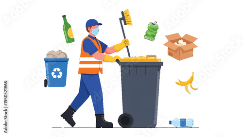 Waste Collector at Work: A diligent waste collector in protective gear tends to a large trash container with assorted recyclable materials.
