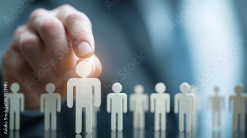 Hand selects one person from a group with soft lighting