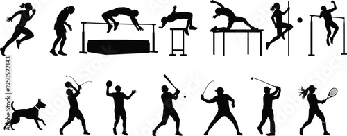 Silhouette athletes in diverse sports activities, track and field illustration, dynamic movement artwork, outdoor recreation design, competitive athletic theme