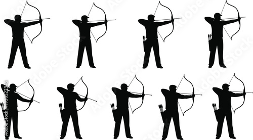 Silhouette archers aiming with bows and arrows, dynamic sports illustration, traditional archery artwork, competitive shooting design, precision athletic theme