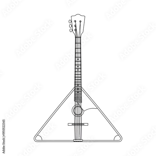 Detailed black and white line drawing of a triangular shaped electric guitar on a stand showcasing intricate design and minimalist style