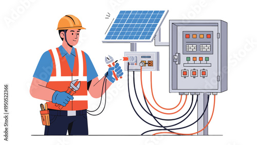 Solar Panel Technician at Work: An electrician skillfully inspects a solar panel system. The illustration captures the essence of renewable energy and technical expertise. 