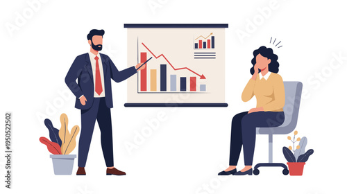 Businessman presenting graph to stressed colleague in office setting with plants