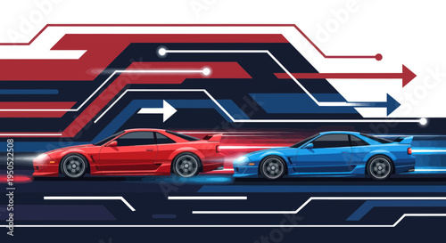 Red and Blue Sports Cars Racing, Speed, Competition, Futuristic Technology