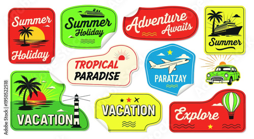 Summer Vacation Stickers: Tropical Holiday, Adventure, Travel, Explore, Hot Air Balloon