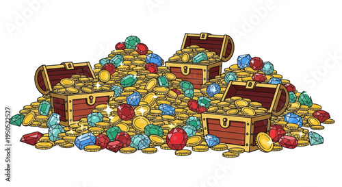 Treasure Chests Overflowing with Gold Coins and Gemstones, Symbolizing Wealth and Riches