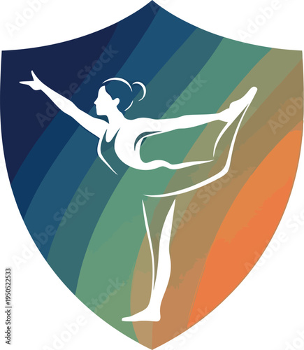 An elegant outline of a woman performing a yoga posture, embodying balance and grace, is perfectly framed within a vibrantly colored shield, creating a striking fitness logo.