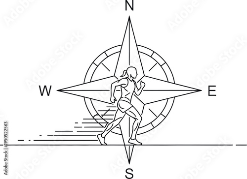 Minimalist line art illustration of a female runner moving forward with determination against a compass rose background, symbolizing an athletic journey and setting a course.