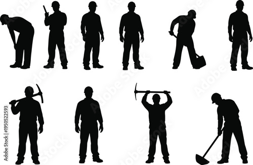 Silhouette construction workers with tools and hard hats, industrial labor illustration, occupational safety artwork, urban building job design theme