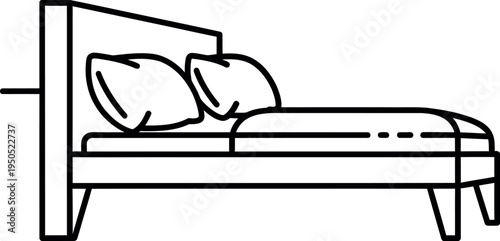 Simple black outline icon depicting a comfortable double bed with two plump pillows ready for rest or sleep