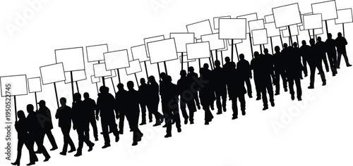 Silhouette of a protesting crowd marching with blank signs, activist demonstration group vector for social justice, cad drawing flat vector illustration