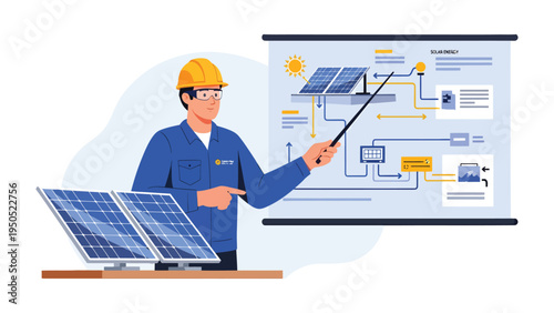 Solar Energy Diagram: A skilled technician, adorned in a safety helmet, engages an enlightening diagram.