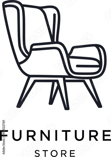 Modern black line art logo design featuring a stylish upholstered armchair above the words furniture store for branding.