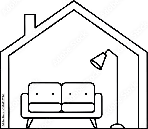 Clean and modern line art representation of a comfortable home environment, displaying a cozy two-seater couch and a functional floor lamp within a house symbol.